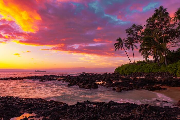 Colorful sunset over a tropical beach with rocky shoreline and palm trees, showcasing the incredible world.