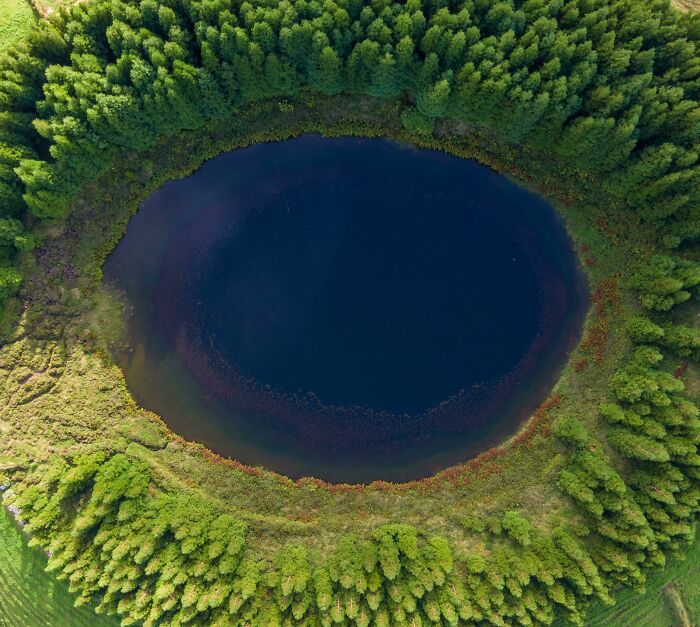 Aerial view of a circular forest lake surrounded by dense greenery, showcasing incredible world photos.