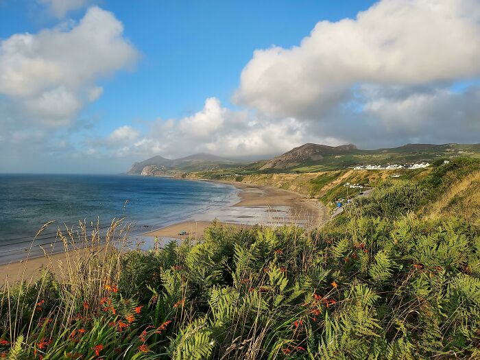 Scenic coastal view with mountains and lush greenery under a cloudy sky, showcasing incredible world photos.