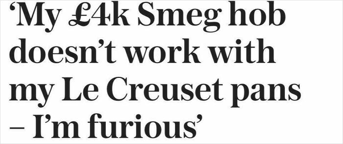 Text describing a British complaint about a Smeg hob not working with Le Creuset pans, highlighting British humor.