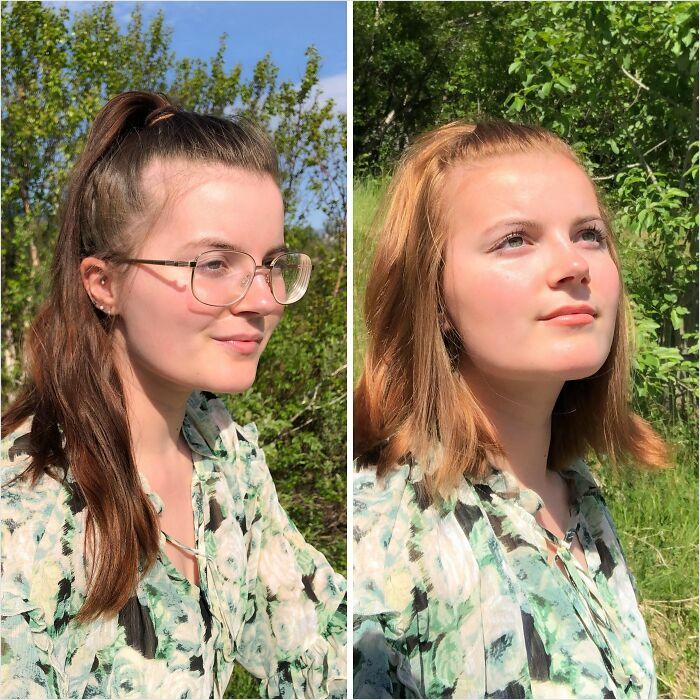 Woman with glasses, before and after changing hair color from brown to blonde, in outdoor setting.