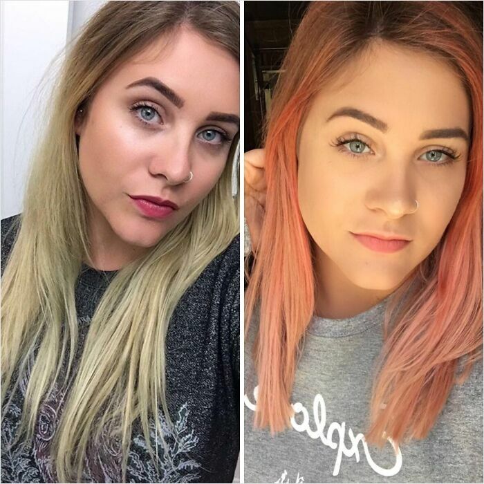 Before and after photos of a woman with changing hair color from blonde to pink.