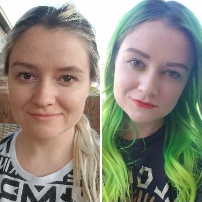 Comparison of a woman before and after changing hair color from blonde to green.