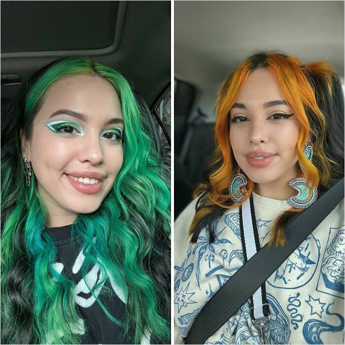 Woman showing off vibrant green and orange hairstyles, illustrating changing hair color trends.