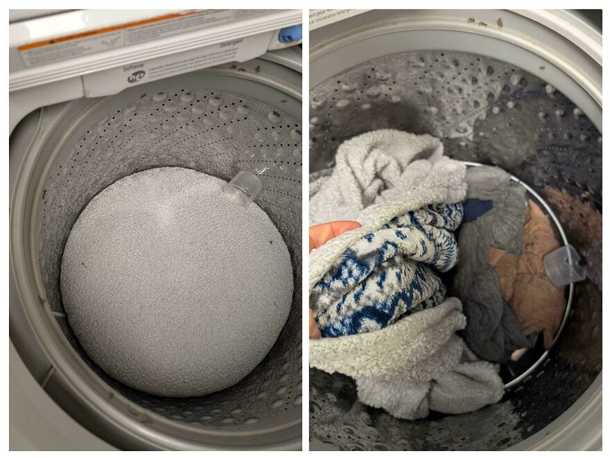 Washing machine with a pile of laundry that looks like a large scoop of ice cream.