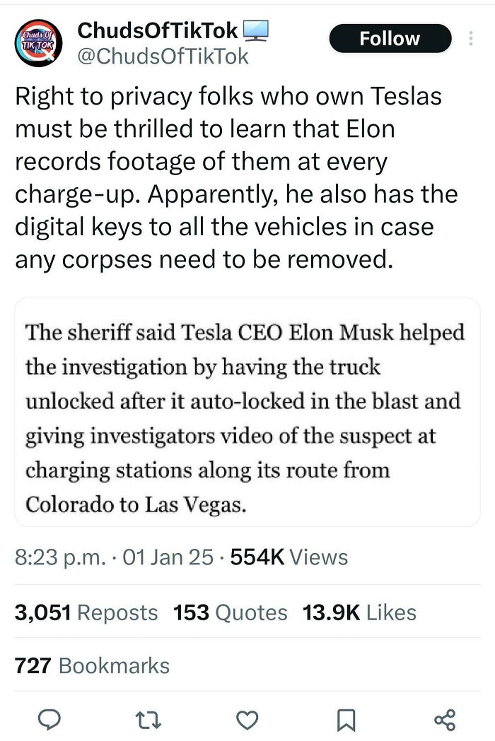 Tweet about Tesla privacy concerns, digital keys, and Elon Musk's involvement in a sheriff investigation.