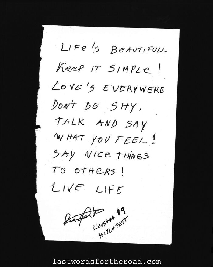 Handwritten quote on paper urging simplicity, love, and kindness, part of a strangers' collection.