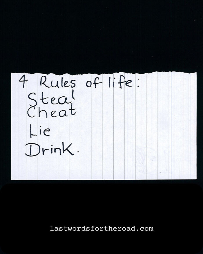 Handwritten note with four provocative life rules, showcasing thought-provoking quotes from strangers.