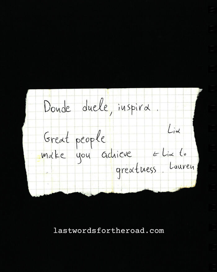 Handwritten quotes on paper about inspiration and greatness from strangers.