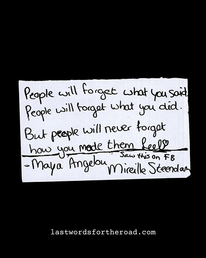 Handwritten quote about feelings by Maya Angelou on a white card, emphasizing memorable emotions.