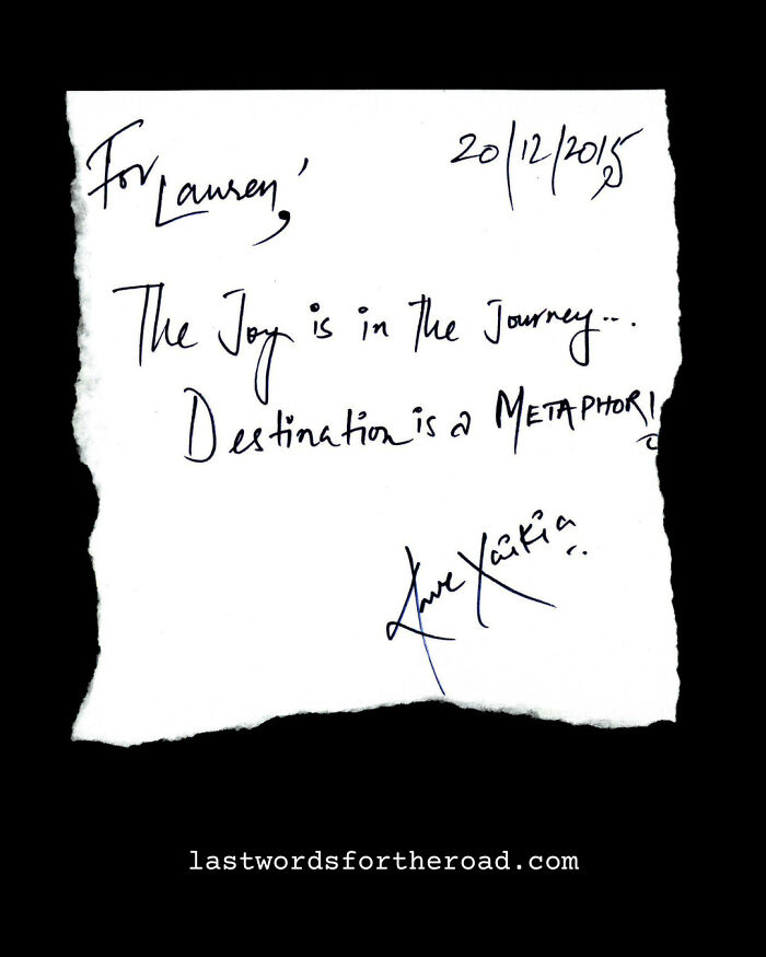 Handwritten quote from a stranger about finding joy in the journey, with a signature at the bottom.