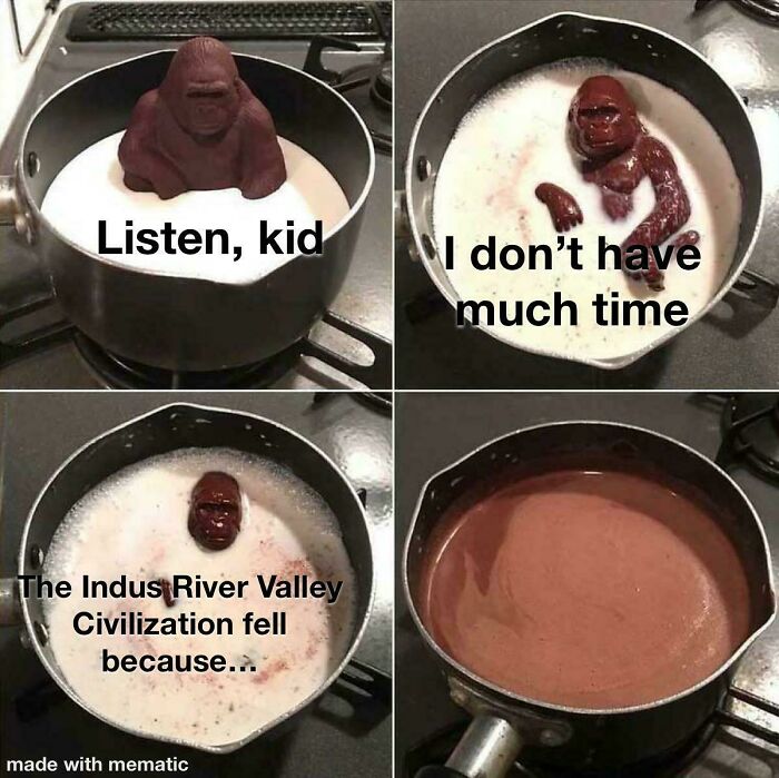 Gorilla-shaped chocolate melting in milk, humorously explains historical events; features evolution meme text.