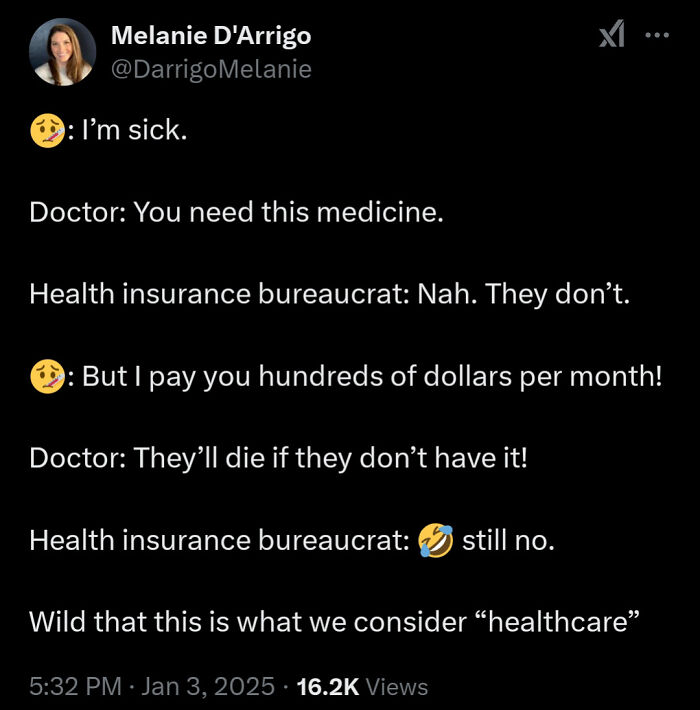 Funny post highlighting healthcare frustrations with emojis and dialogue between a patient, doctor, and insurance bureaucrat.