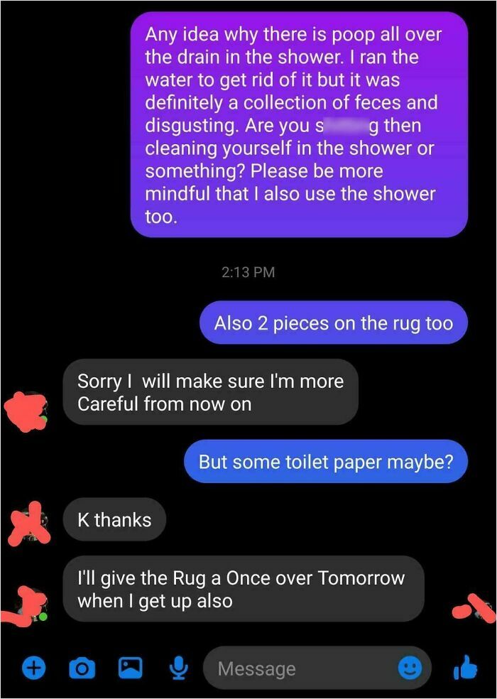 Text messages discussing a messy shower incident, illustrating issues with horrible roommates.