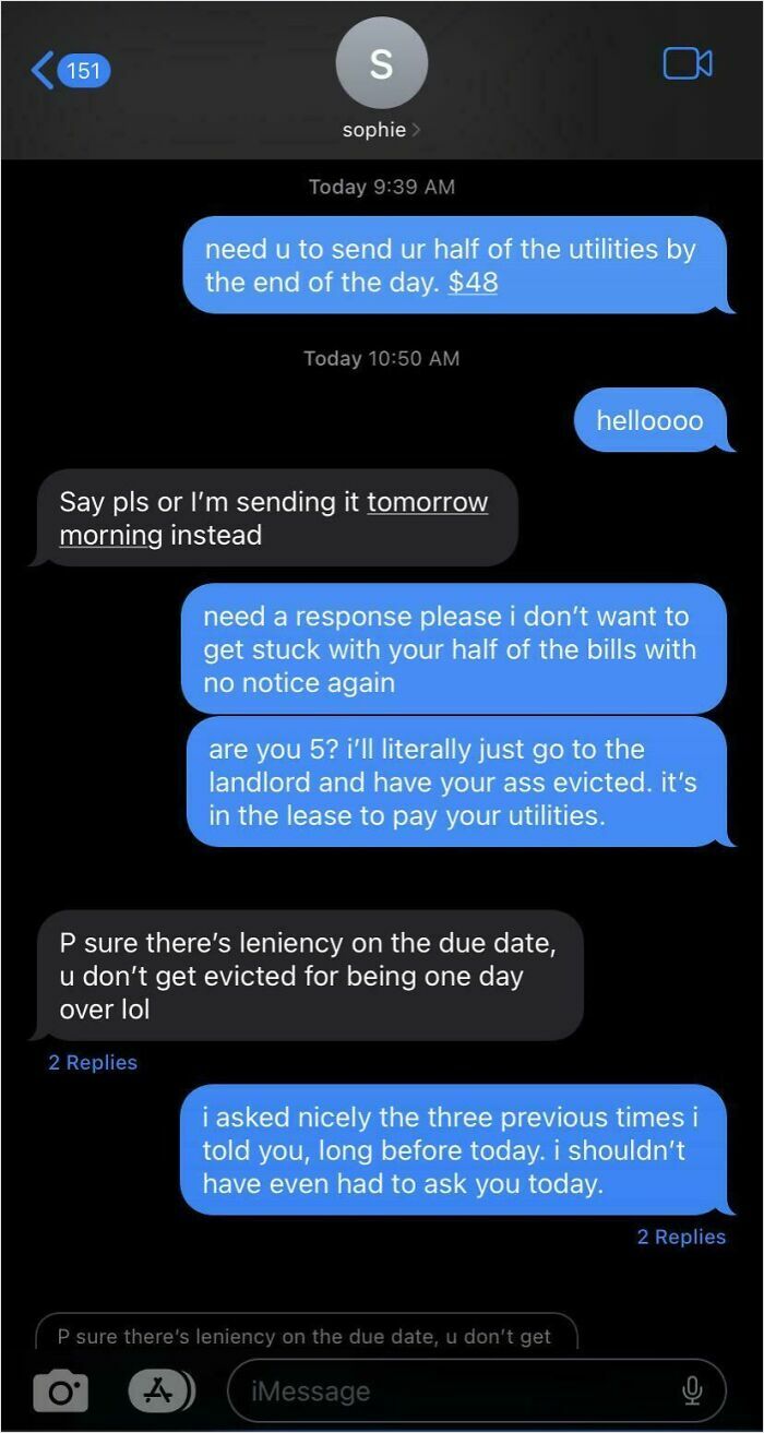 Text conversation displaying disputes about utility payments with horrible-roommates.