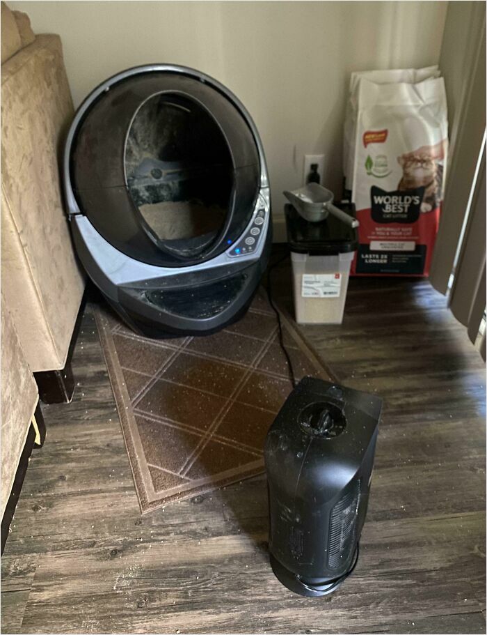 Messy litter box area with a dirty automatic cleaner, a heater, and scattered litter, symbolizing horrible roommates.