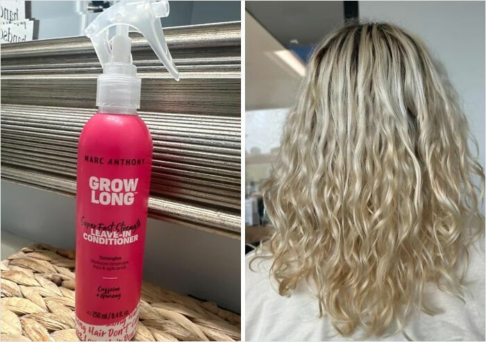 Marc Anthony leave-in conditioner by Personal-Care-Products next to wavy, blonde hair showcasing product effectiveness.