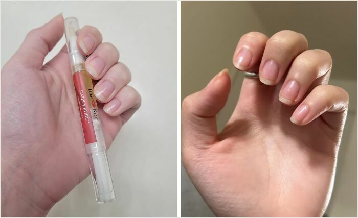 Hand holding a nail care pen next to manicured nails, highlighting personal care products.