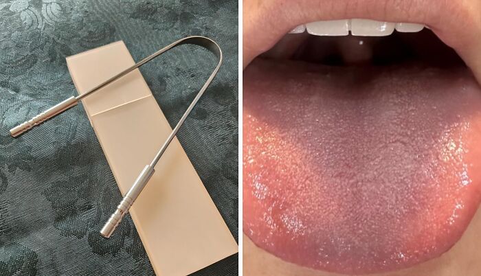 Metal tongue scraper next to a tongue, showcasing personal care products.