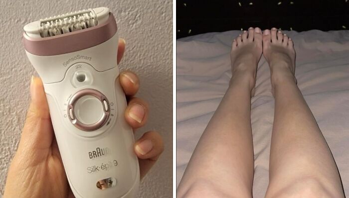 Epilator held in hand and smooth legs, showcasing personal-care-products.