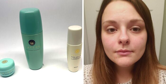 Personal care products displayed alongside a woman's face before use.