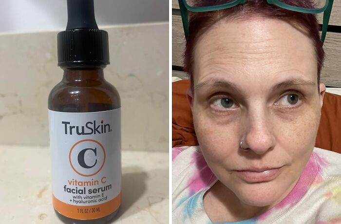 Vitamin C facial serum from TruSkin, a personal care product, next to a person with short hair and glasses atop their head.