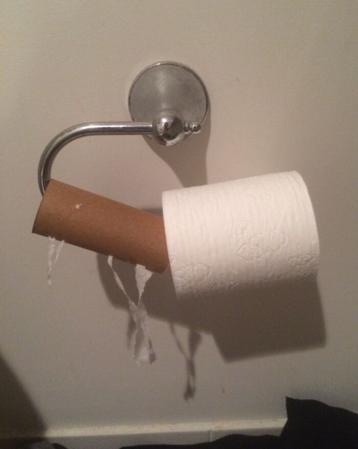 Empty toilet paper roll left on holder, showcasing typical horrible roommates' behavior.