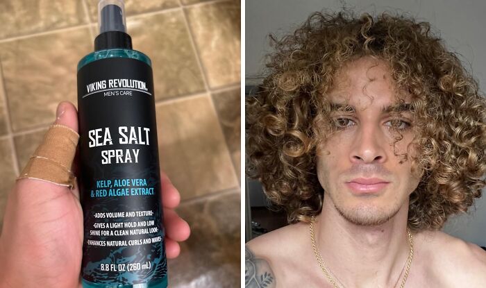 Sea salt spray personal care product held by a person, next to a person with curly hair.