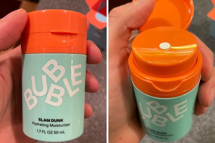 Hydrating moisturizer in a teal and orange bottle, a part of personal care products, displayed with cap open and closed.