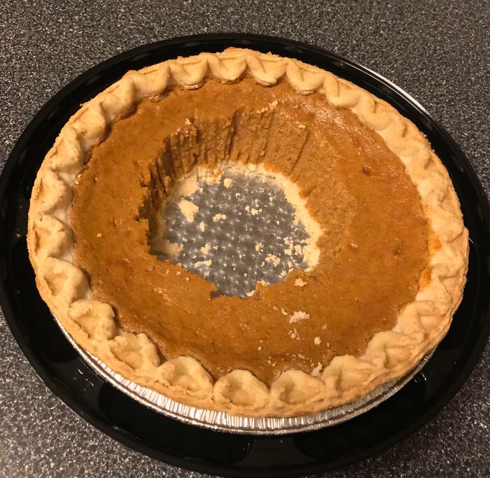 Pumpkin pie with the center eaten out, illustrating horrible roommates' behavior.