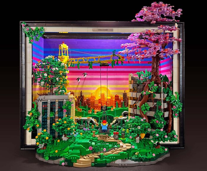 A vibrant landscape with sunset, trees, and cityscape depicted in a Cool LEGO Build.