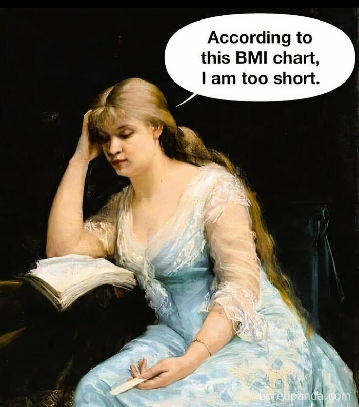 Classical art meme featuring a woman humorously commenting on a BMI chart.