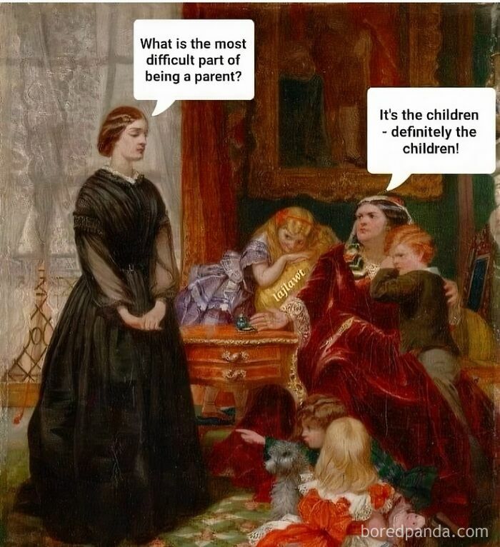 Classical art meme showing a governess with children, humorously discussing parenting challenges.