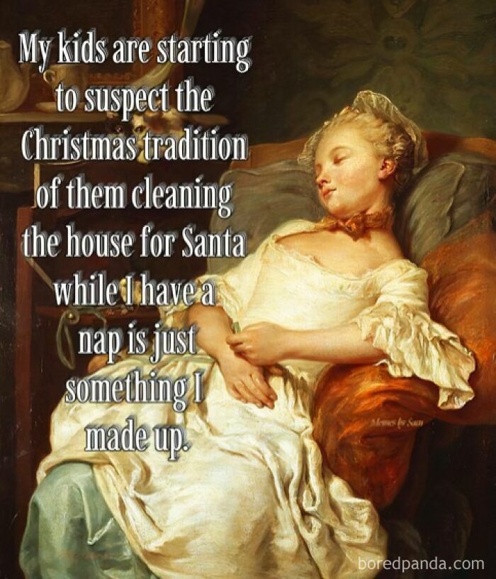 Classical art meme with a woman napping, humorously questioning a fake Christmas tradition for relatable laughs.