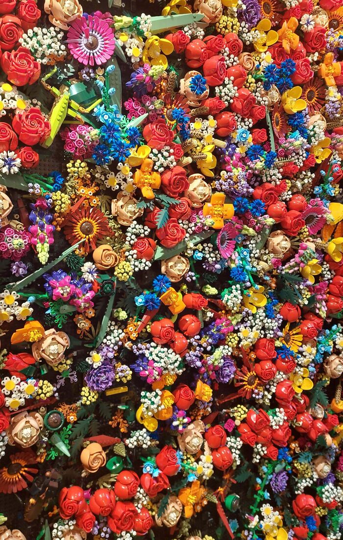 Colorful Cool-LEGO-Builds forming intricate floral patterns and designs, showcasing creativity and craftsmanship.