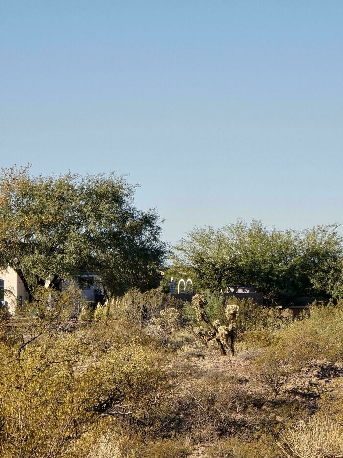 Confusing perspective in desert landscape with distant McDonald's arches blending into the scenery.