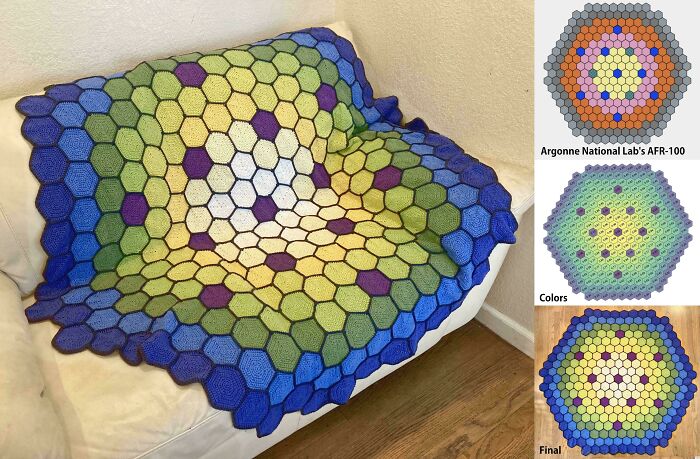 Colorful crocheted blanket with hexagon pattern on a couch, featuring shades of blue, green, and purple.