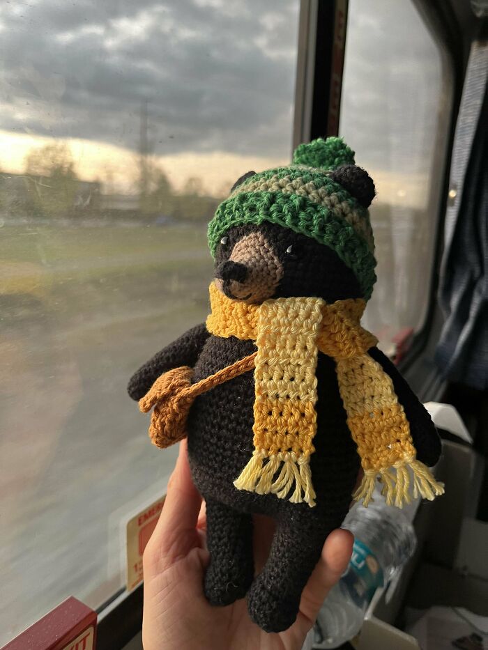 Crocheted bear toy with green hat and yellow scarf, held against a train window with scenery in the background.