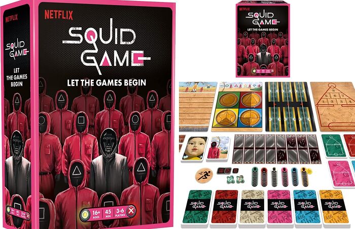 Squid Games board game box and components featuring cards, tokens, and themed visuals.