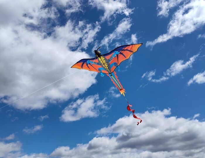 Colorful kite flying in blue sky, resembling a scene from Squid Games.