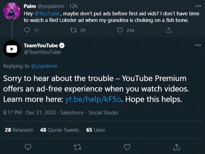 Twitter exchange about ads before first aid videos, highlighting a humorous critique within the humans-of-capitalism theme.