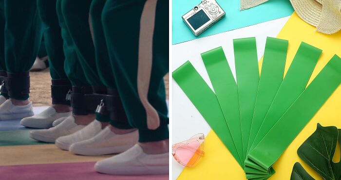 Participants in Squid Games, wearing green tracksuits and white shoes, standing on a colorful floor with anklets.