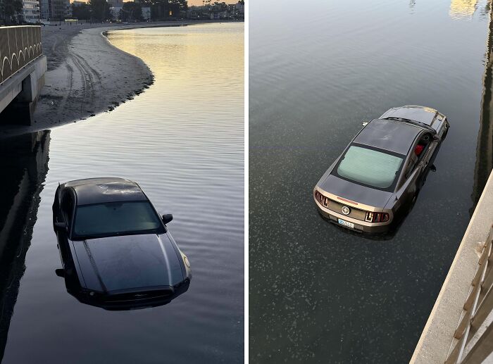 Car partially submerged in water, illustrating a common scenario of idiots in cars.