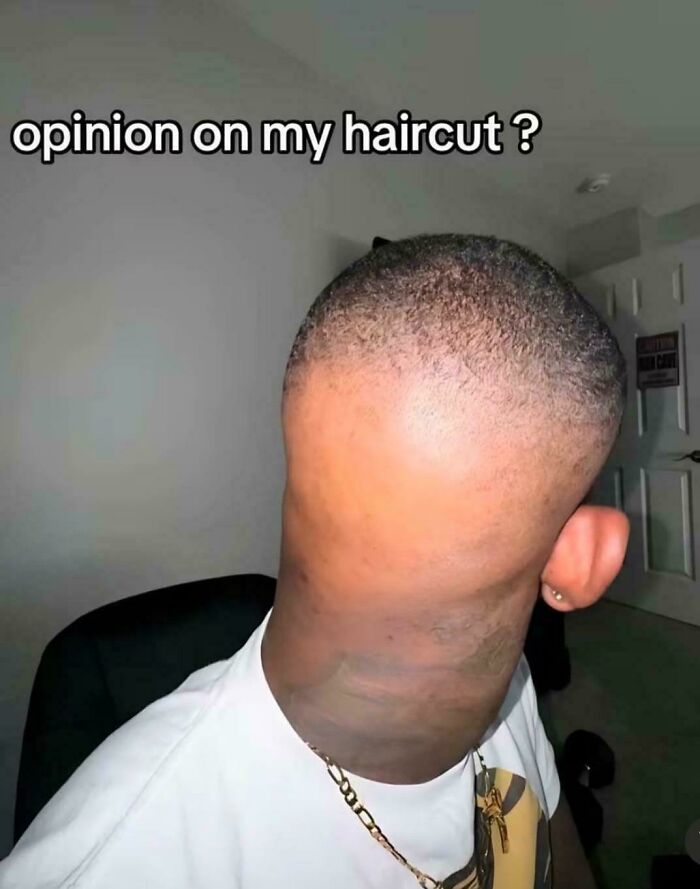 Person with a very short haircut asking for opinions, showcasing a hair mishap in a humorous way.