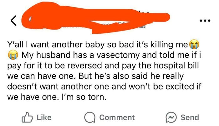 Social media post discussing vasectomy and desire for another baby, highlighting relationship and parenting challenges.