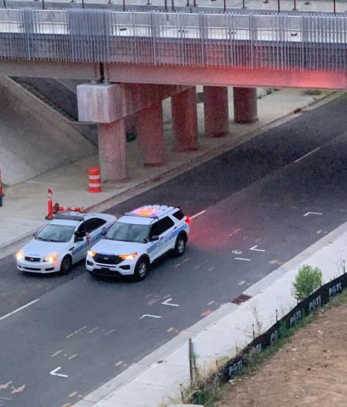 Two cars in an unusual position under a bridge, blocking the road, illustrating the theme of "Idiots in Cars."