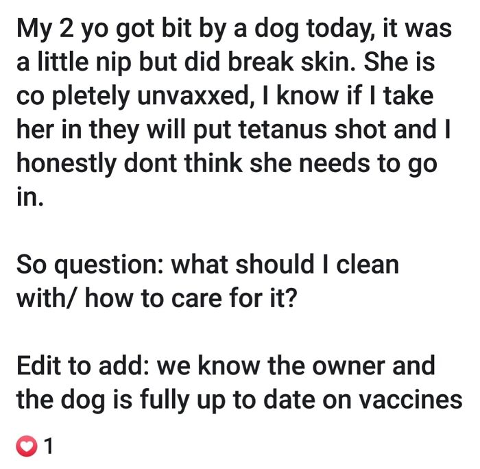 Social media post discussing child bitten by a dog, concerns about vaccination and care, highlighting ignorant-parents.