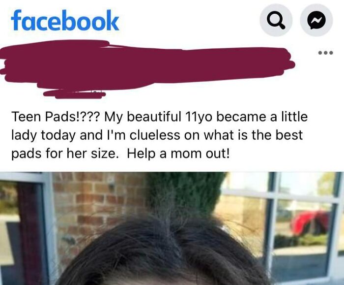 Facebook post from a confused parent asking for advice on teen pads.