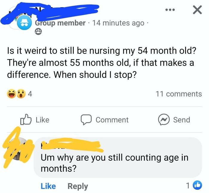 Social media post discussing parenting, asking about nursing a 54-month-old and counting age in months.