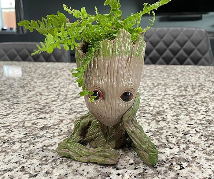 Novelty Groot-shaped planter with fern on a granite table.